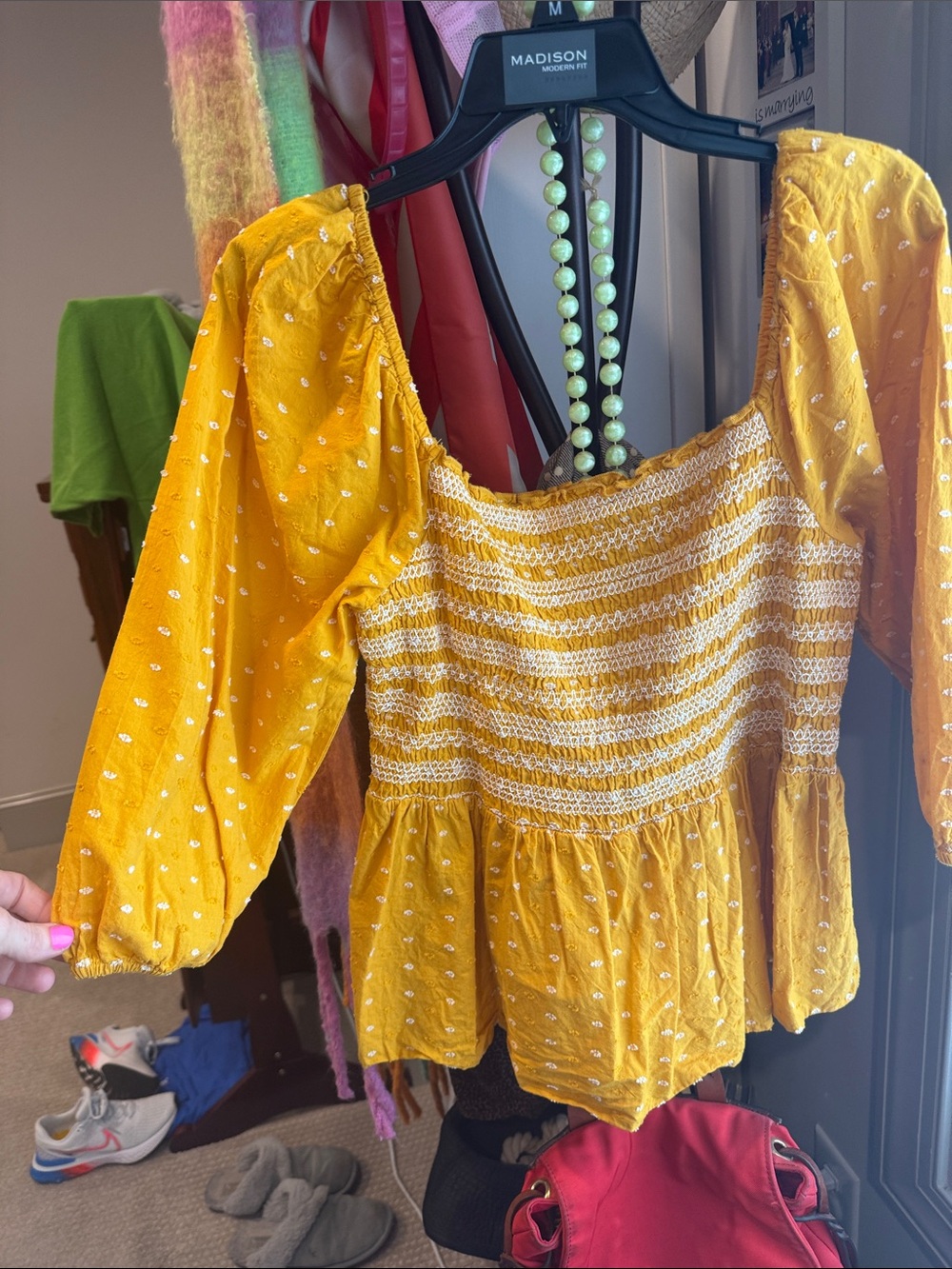 crown & ivy Mustard Yellow Smocked Peplum Top